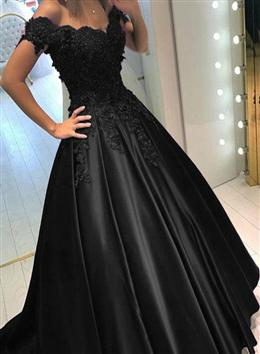 Picture of Glam Black Color Off Shoulder Lace Applique Ball Gown Satin Party Dresses, Black Color Formal Dress